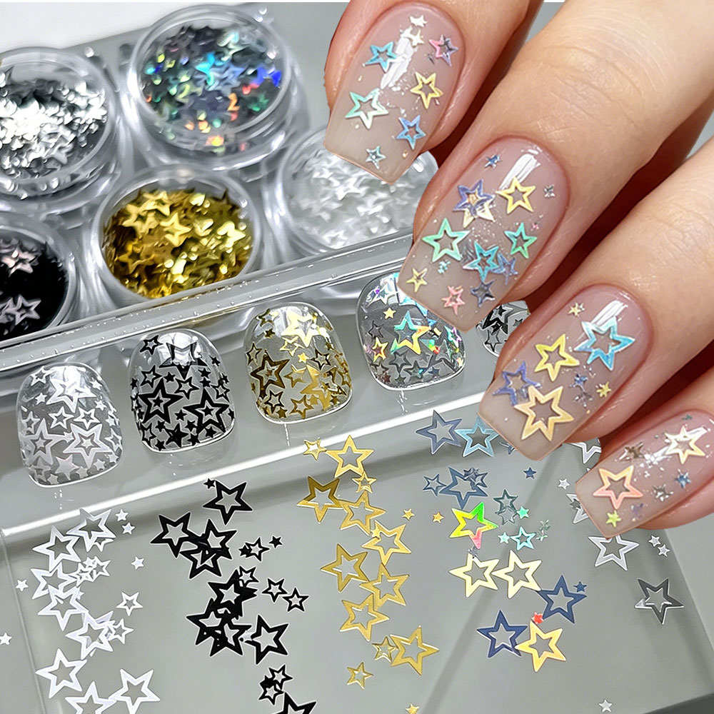 Gold Foil Flakes - 1 Dose Hohle Fünfzackige Stern-Nagelglitzer-Pailletten Schwarz