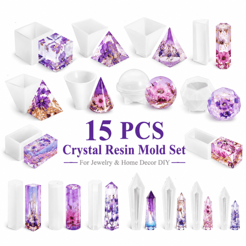 Resin Jewelry Kit - 15-teiliges Kristallharz-Silikonformen-Set, einzigartige Designs für Schmuckaufbewahrung,
